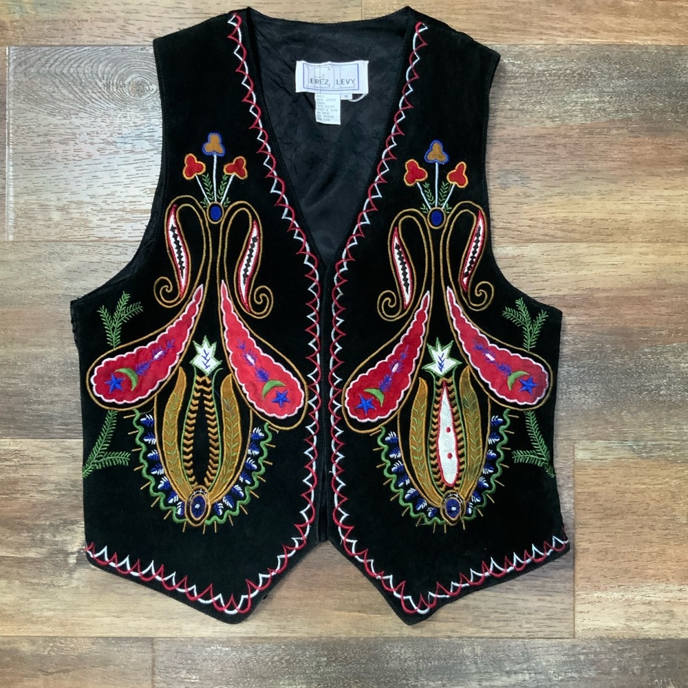 Erez Levy Vintage 80s Black Suede Embroidered Vest Paisley Folk Boho Art SZ M - Picture 2 of 6